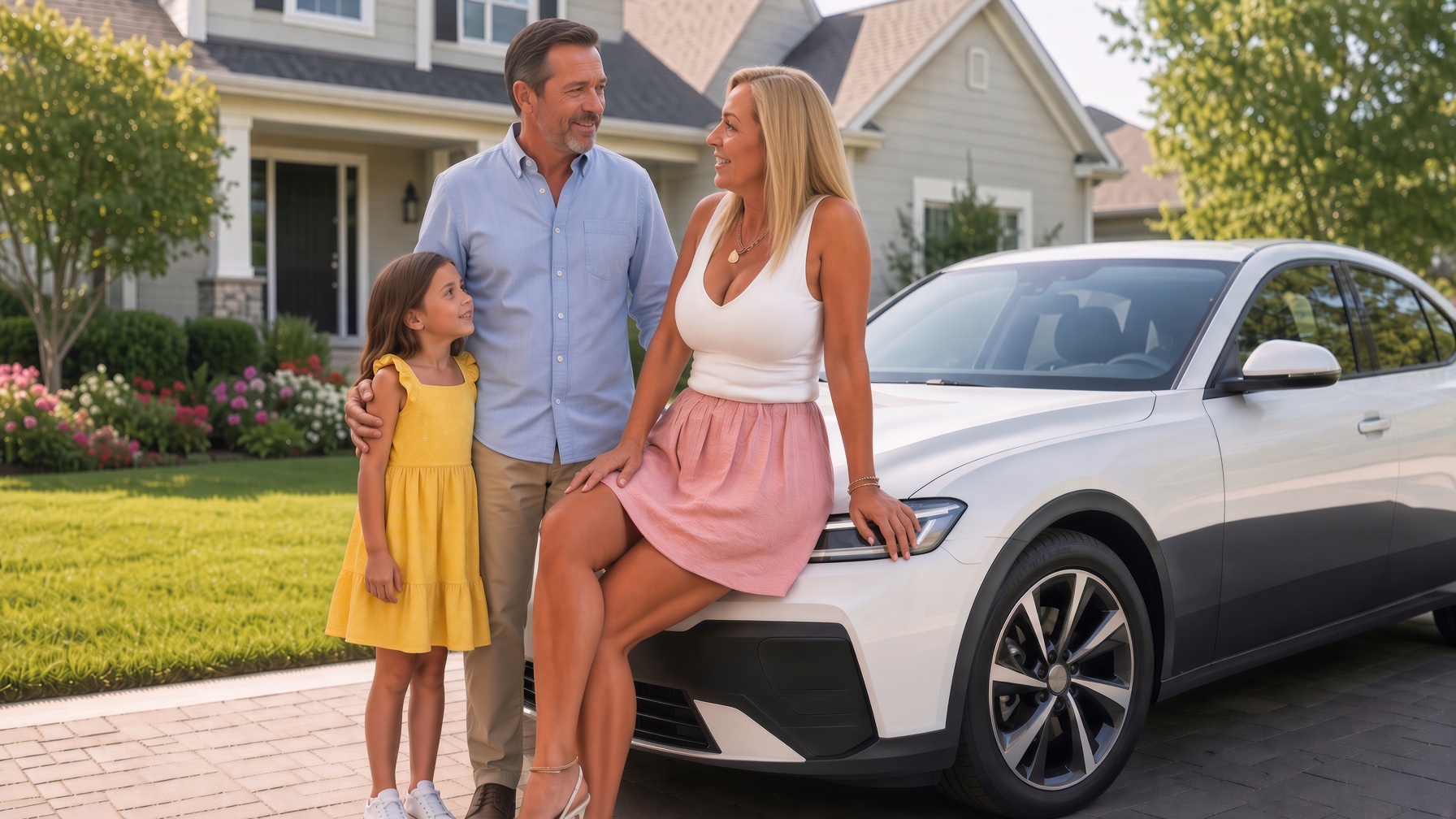 A family standing outside their home beside their car